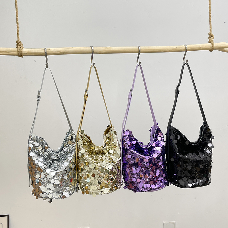 Top Brand High Quality New Style Trendy Design Sequin Bucket Bag Large Capacity New Silver Handbag Shoulder Crossbody Women's Bag New Free Delive