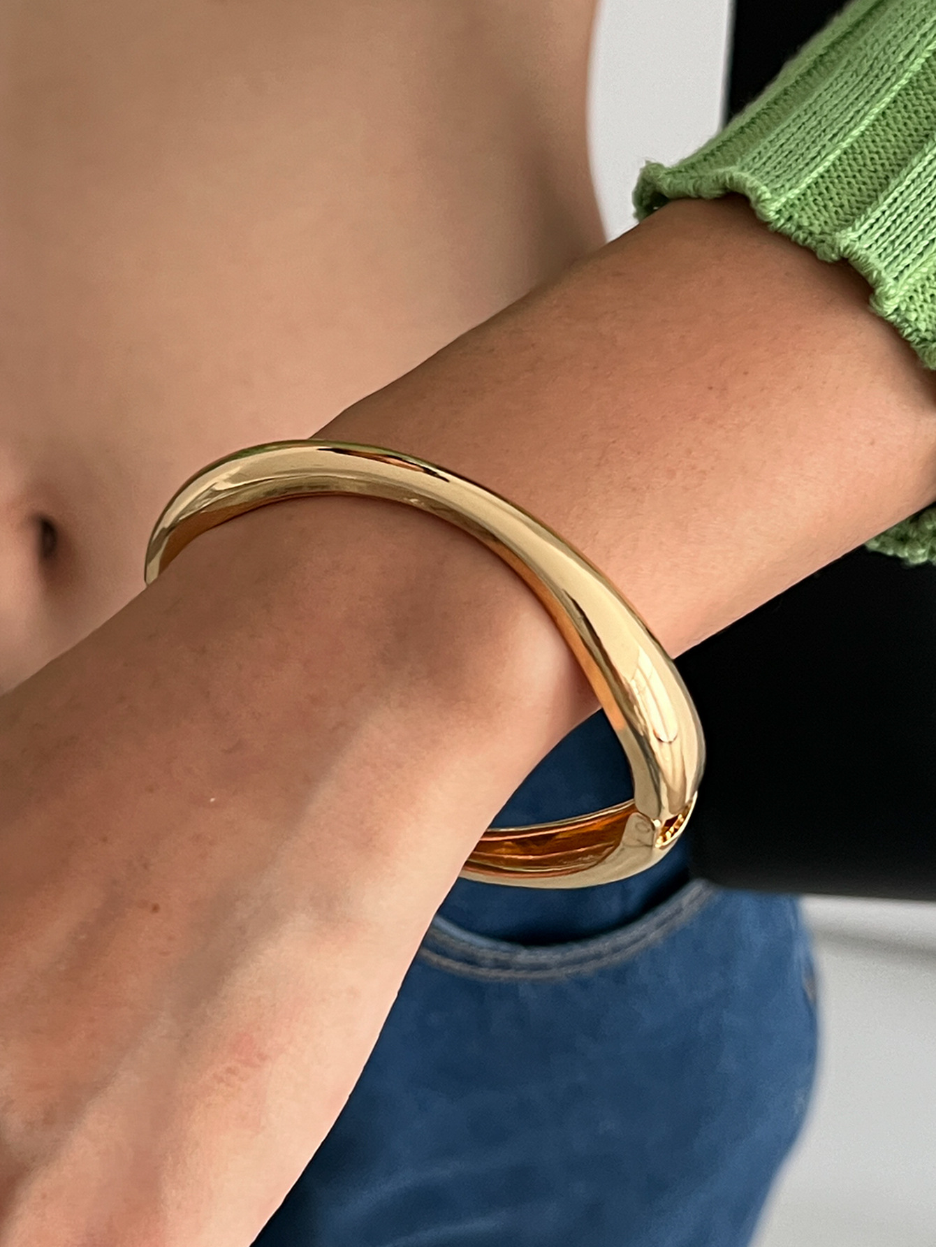 Women Edgy Punk Inspired Chunky Concave Glossy Open Cuff Bracelet Trendy Minimalist Statement Bangle