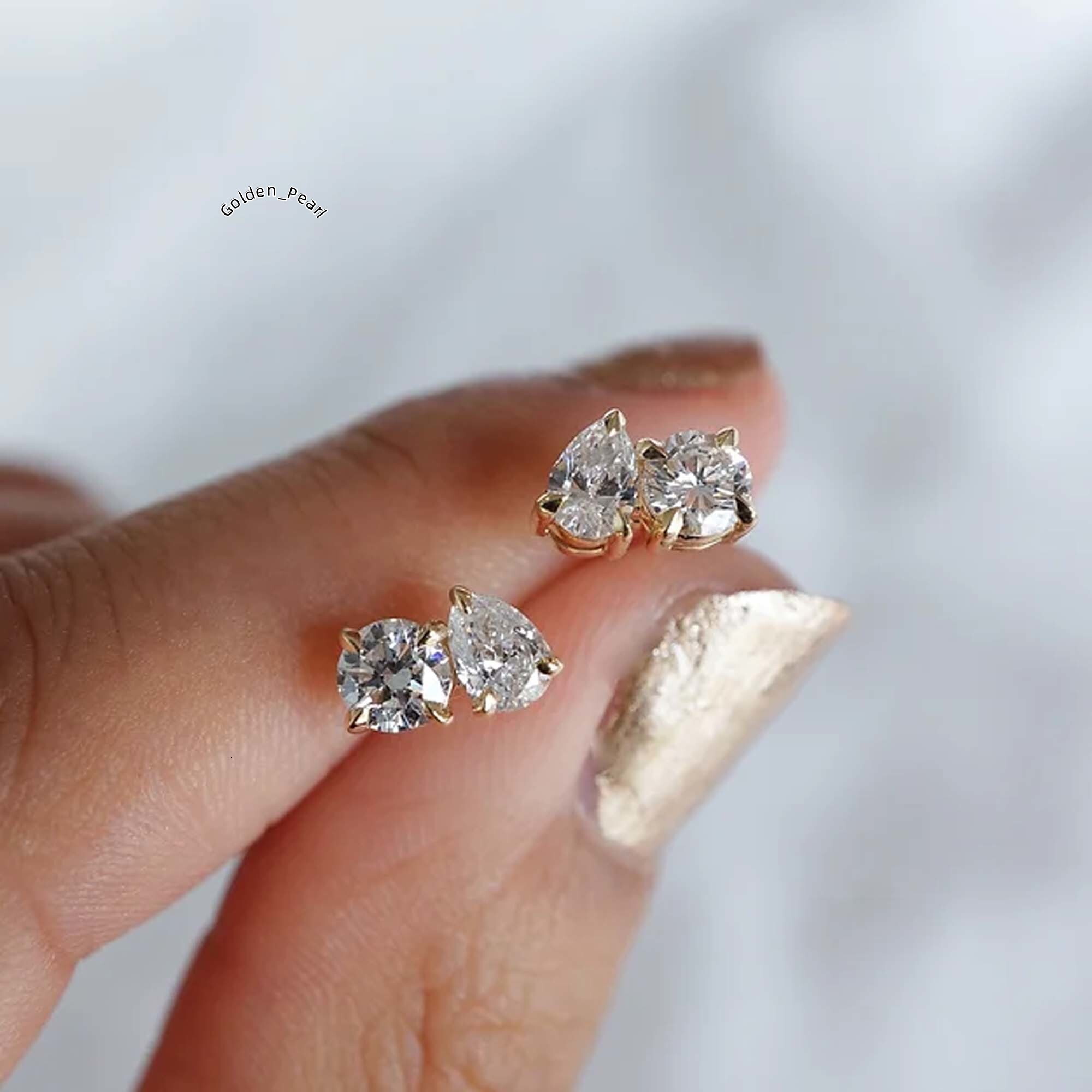 Two Stone Moissanite Earring Toi Et Moi Stud Earring 2.00 CTW Pear Round Cut Moissanite Stud Yellow Gold D/VVS1 Earring Woman