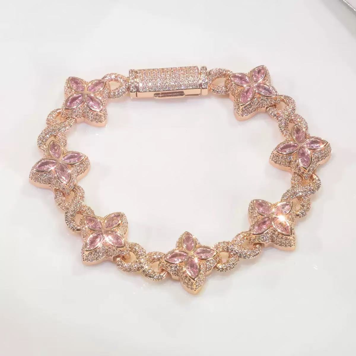 Moissanite Jewelry Clover Bracelet Green Pink Diamond S925 Silver Gold Plated Cuban Moissanite Bracelet With GRA Certificate
