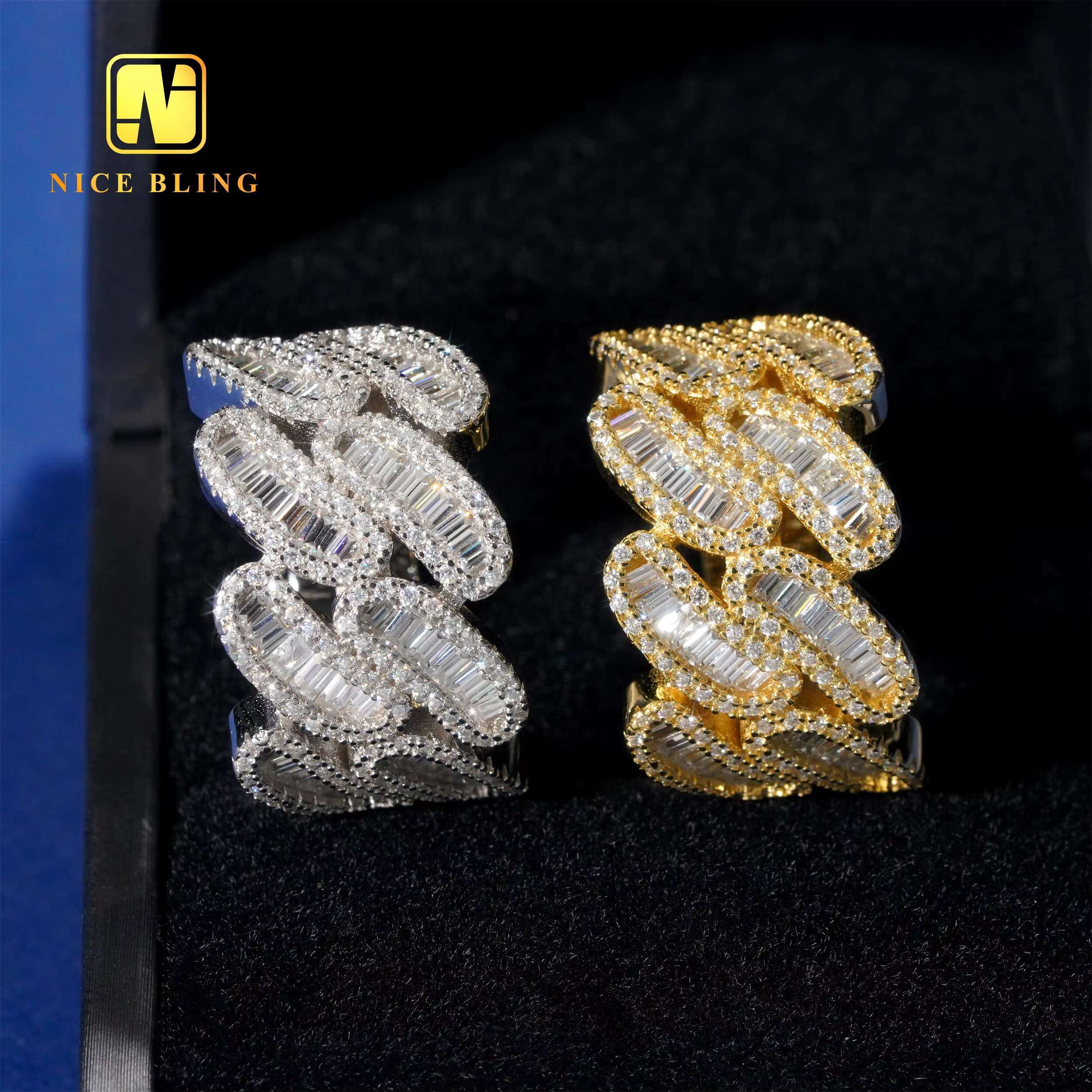 Fashion Iced Out Cuban Rings 925 Silver Hip Hop Jewelry Men baguette Moissanite Diamond Engagement Rings