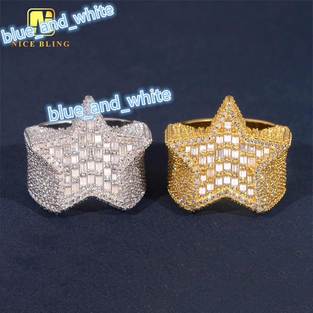 Shining Jewelry Baguette Moissanite Diamond Engagement Ring Men Hip Hop Jewelry 925 Silver Star Shaped Ring for Men