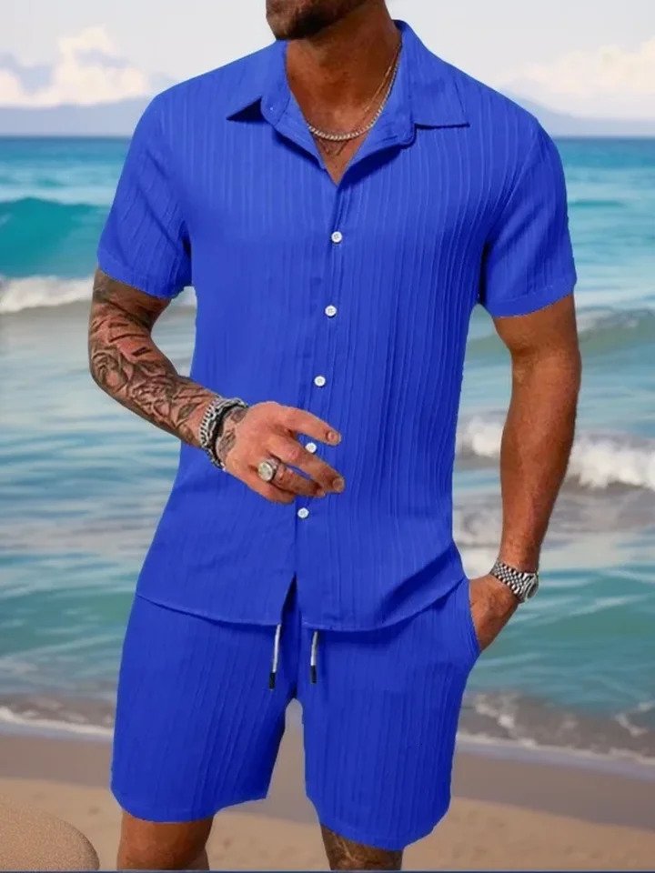 Mens beach suit striped solid color short sleeve shorts shirt Sports casual breathable lightweight high quality mens wear ins 250529Z