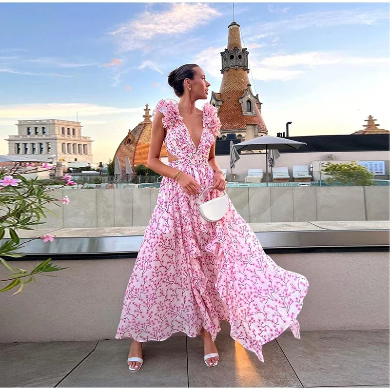 Basic Casual Dresses Summer Elegant Print Ruffles Hollow Out Long Dresses Women's Sexy Backless Sleeveless Lace-up High Waist Split Dress 2025 Ne