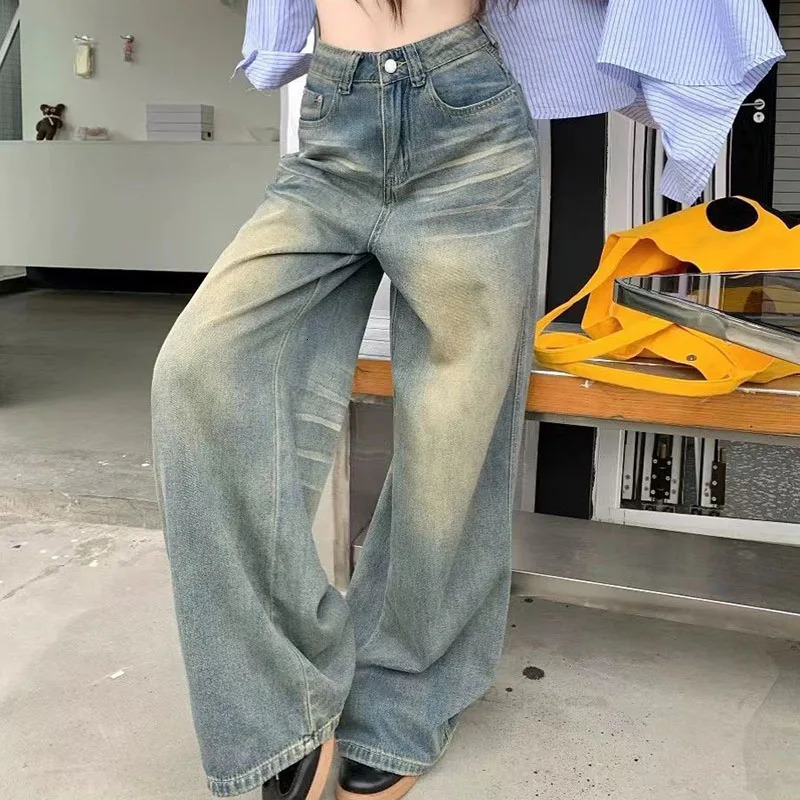 Spring Summer Vintage Chicly Button Jeans Women American Simple Baggy High Waisted Denim Pants Washed Y2K Wide Leg Jean Trousers 250527