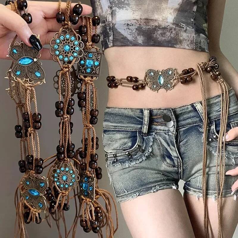 2025 Butterfly Tassel Waist Chain Y2K Trendy Bohemian Belt Summer Beach Accessories Vintage Flower Jean Skirt White Dress Belts