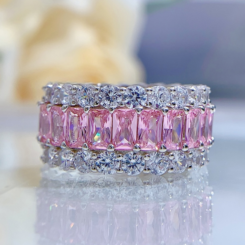 S925 sterling silver 3*5 colorful cubic zirconia imitation diamond sparkly gemstone mixed ring personalized fashionable cute wide-style band ring suit