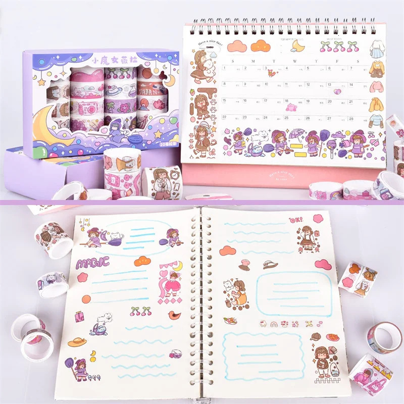 20 Rolls Boxed Kawaii Washi Tape Set Cute Cartoon DIY Masking Tape Grid Sticky Note Paper for Scrapbooking Journaling 250530