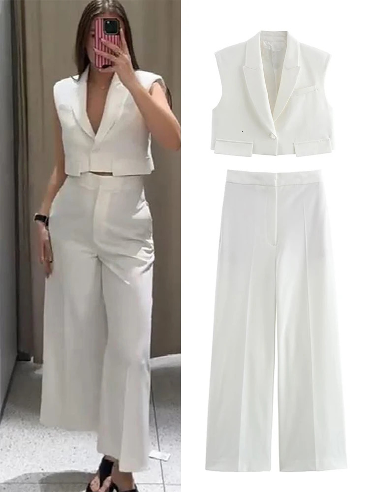 Fashion White Suit Long Pants Sets For Women Elegant Sleeveless Cropped Blazer Tops Wide Leg 2 Pieces Trousers Lady Chic Outfits 250527