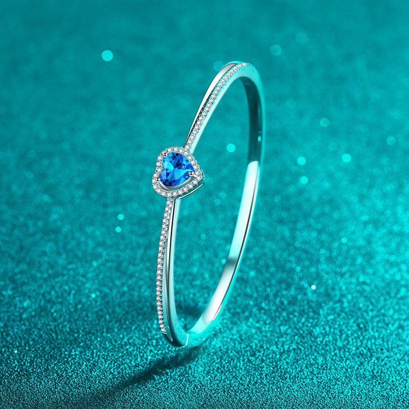 Blue Moissanite Heart Bracelet for Women 925 Sterling Silver PT950 Platinum Plated Bangle Sweet Minimalist Jewelry Gift