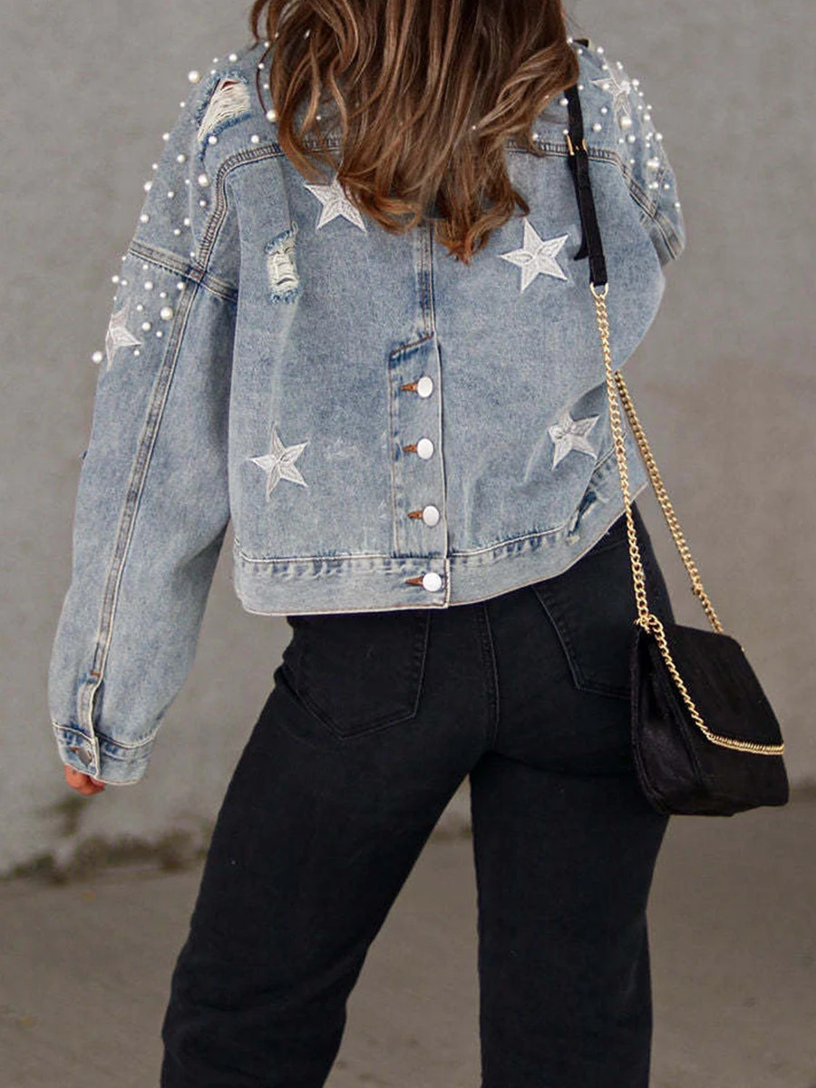 Women Fall Casual Denim Jacket Back Star Print Long Sleeve Turn-down Collar Button Pearls Coat Streetwear 250527