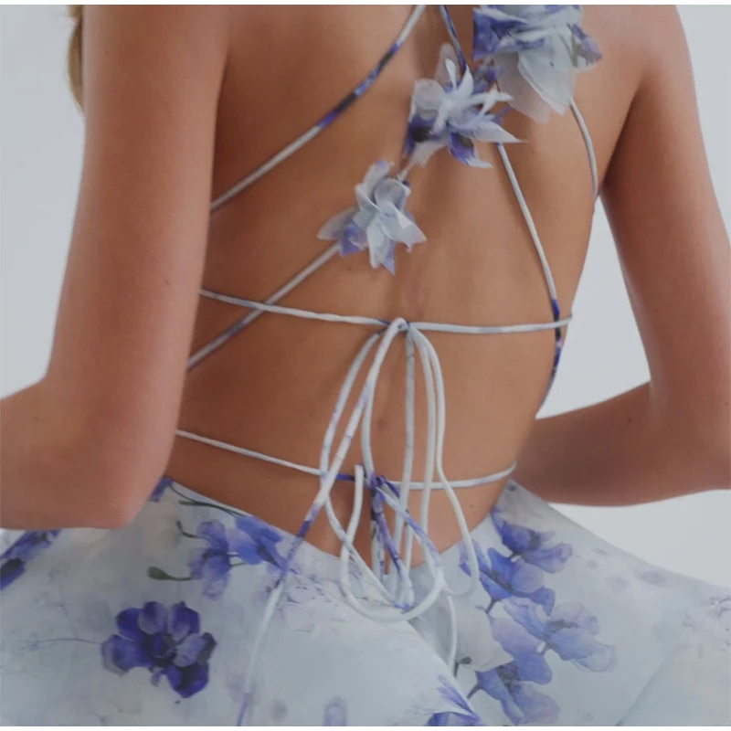Basic Casual Dresses Summer 3D Flowers Lace Up Halter Dress Woman Printed Layered Backless Deep V-Neck Pleated Puffy Dress Fashion Women Summer Beach 