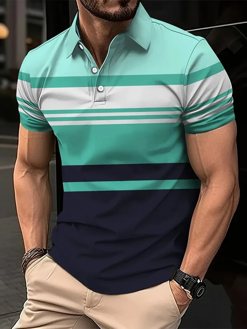 Mens Casual Stripesd Golf Polo Shirt 100% Polyester Short-Sleeved Lapel Button Details Slightly Stretch Knitted Fabric Top Regu 250530