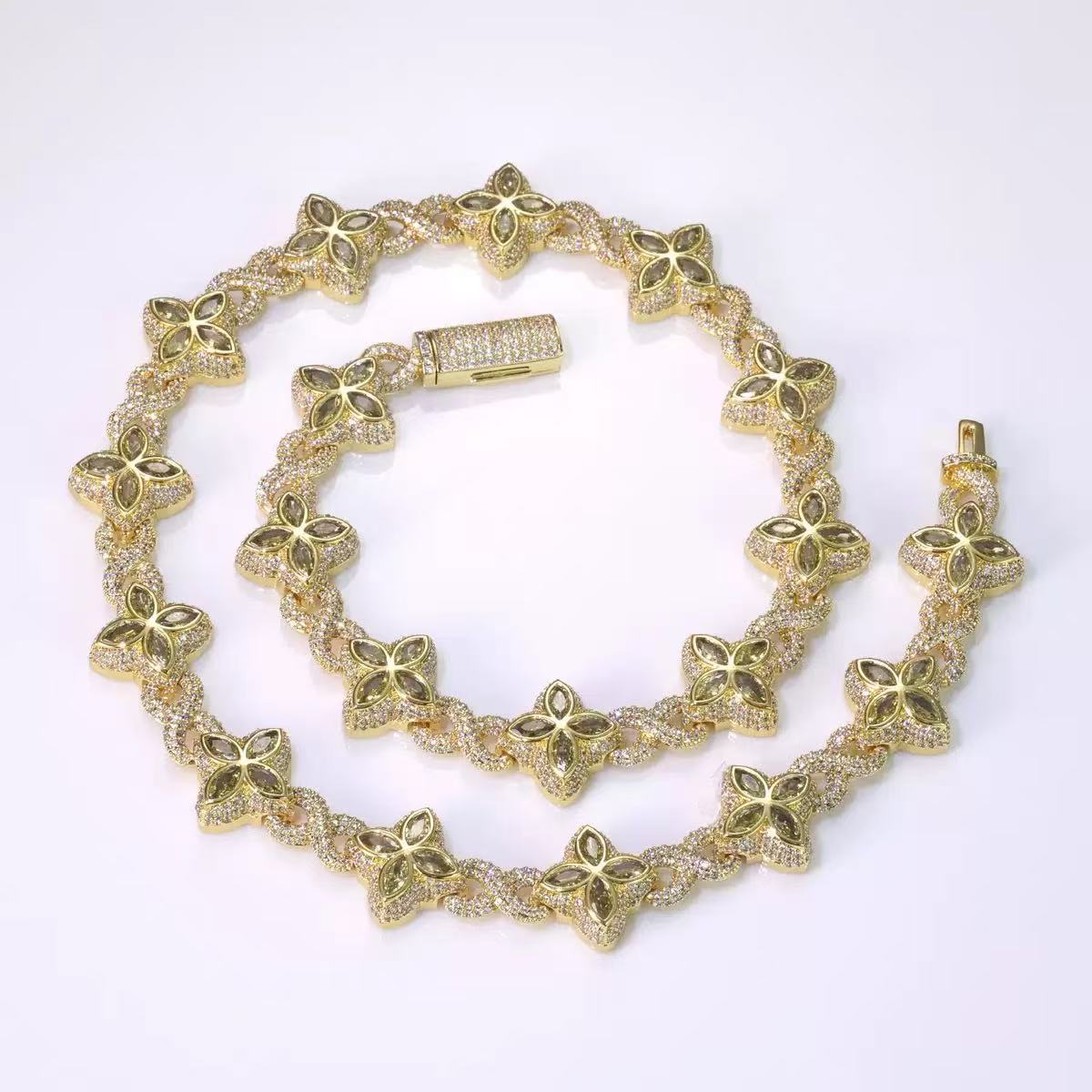 Fashion Hip Hop Jewelry Gold Plated 925 Sterling Silver Colored Moissanite Diamond Four Leaf Clover Necklace Cuban Link Chain