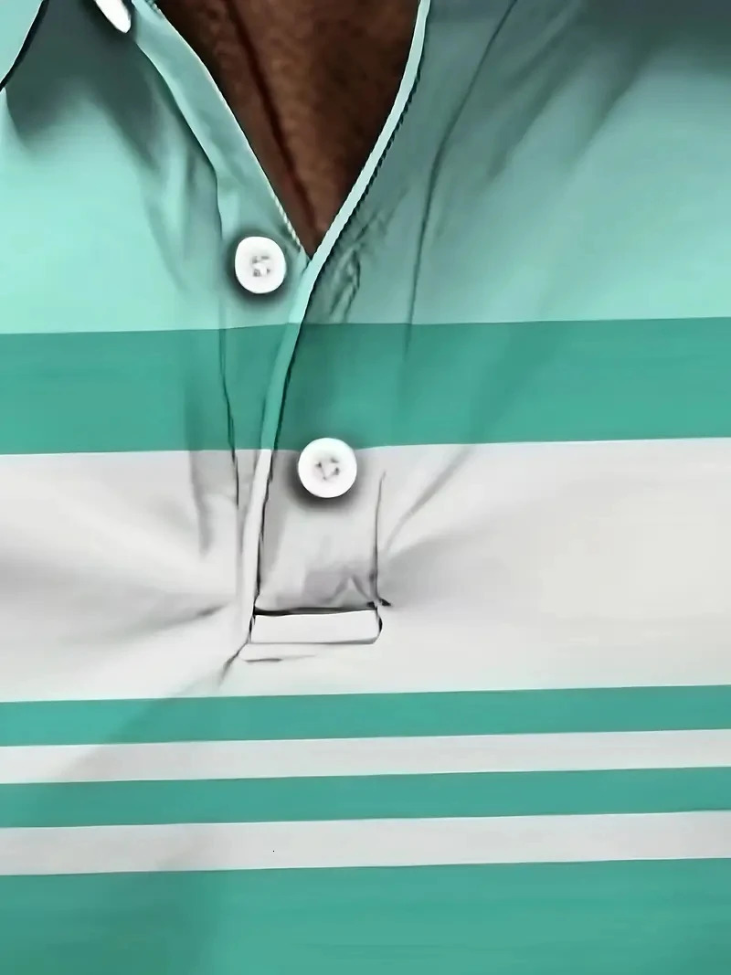 Mens Casual Stripesd Golf Polo Shirt 100% Polyester Short-Sleeved Lapel Button Details Slightly Stretch Knitted Fabric Top Regu 250530