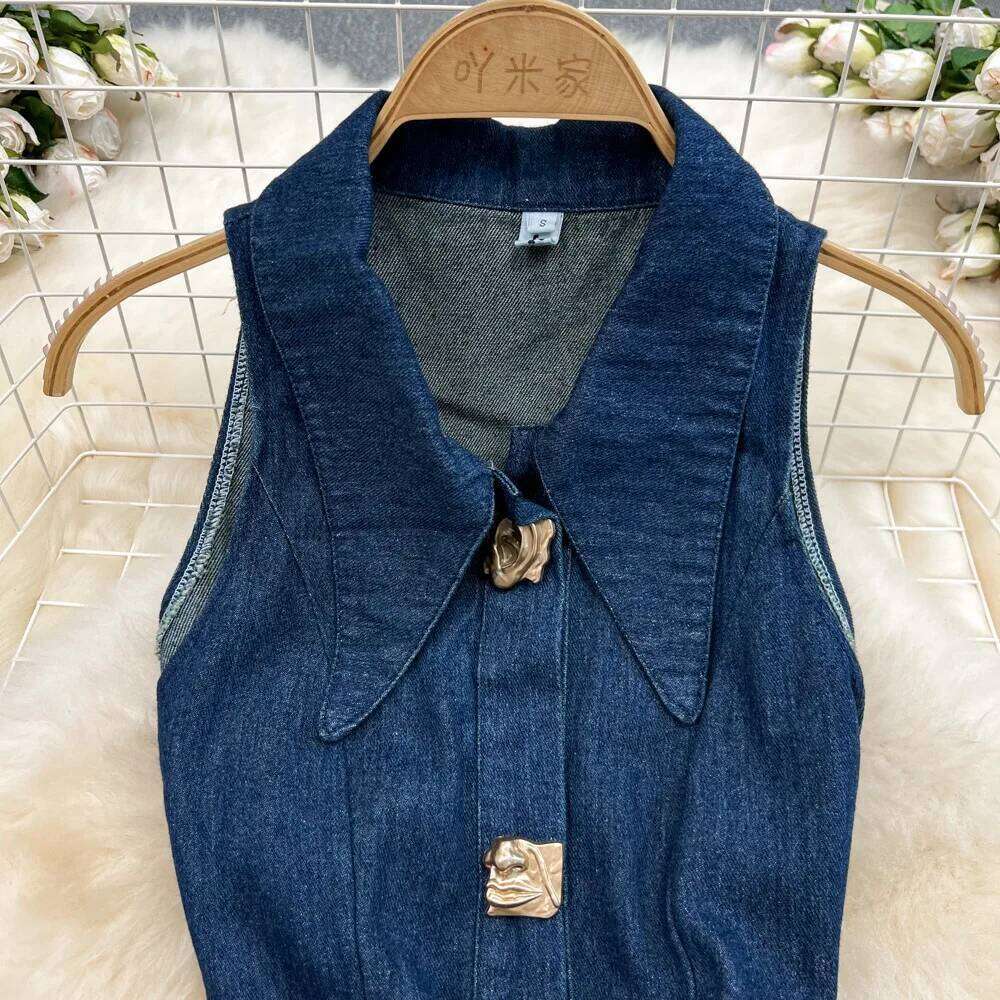 Denim Dress Women Long Dresses High Waist A Line Vestidos Turn Down Collar Sleeveless Elegant Y2k Streetwear Mom Jeans Slim 2025