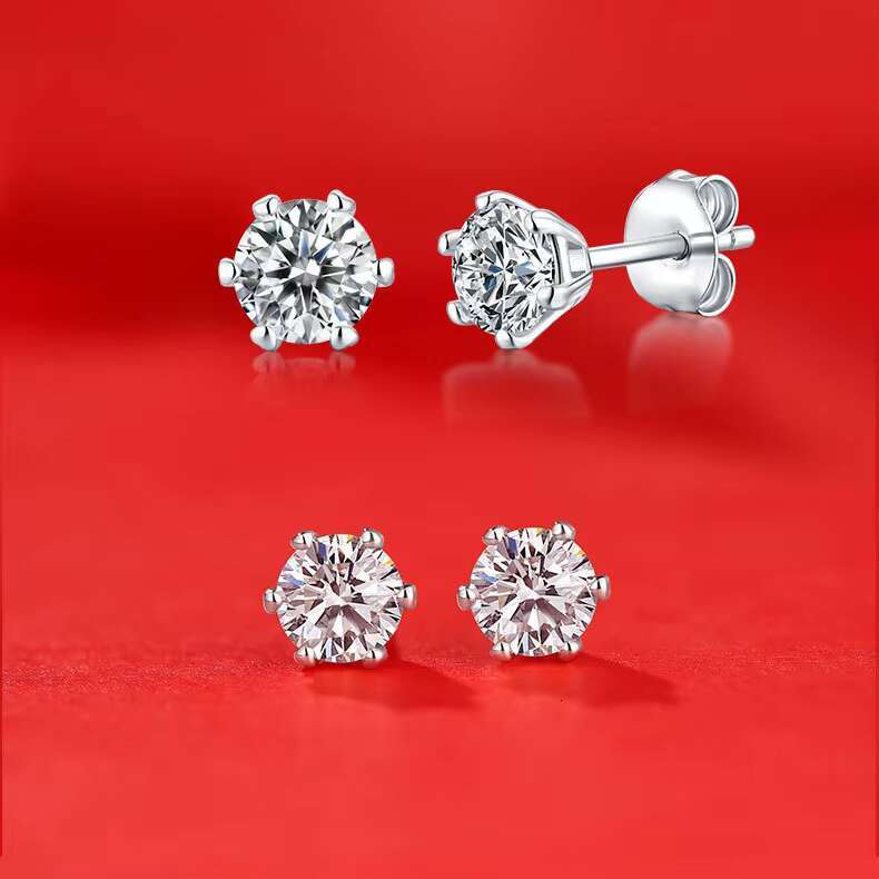 Pass Diamond Tester Hip Hop 925 Sterling Silver 6 Prong 1 Carat VVS Moissanite White Gold Plated Round Diamond Wedding Earrings