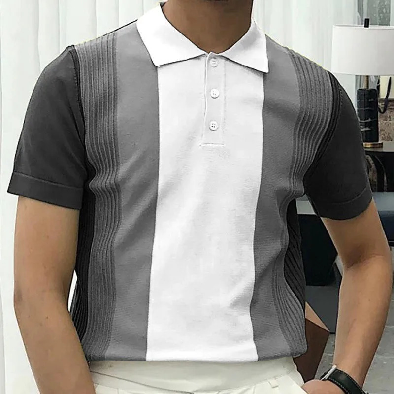 Summer Mens Clothing Knit Short Sleeve Polo Shirt Retro Button-down Patchwork Fashion Business Leisure Knitwear 250530