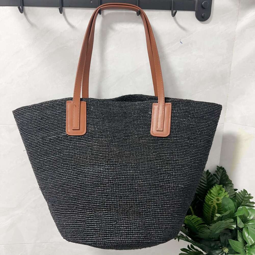 Straw Beach Tote French Style Simple Genuine Leather Shoulder Strap Raffia Woven For Women Beach Vacation Large Capacity Tote Bag Crossbody Bag