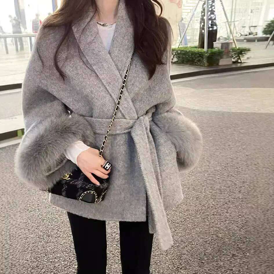 Womens kanai Double Face Wool Cashmere Coats - Premium Fox Fur Lined Collar & Detachable Sleeves