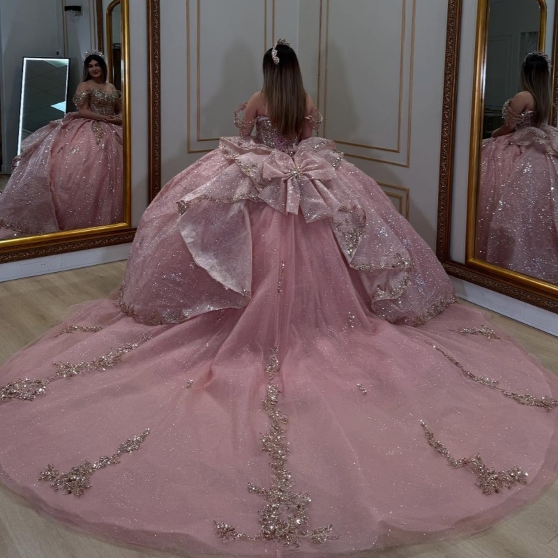 Pink Shiny Princess Quinceanera Dresses Off Shoulder Applique Lace Beading Crystal Bow Tull Sweet 16 Dress Ball Gown Vestidos 15 Anos