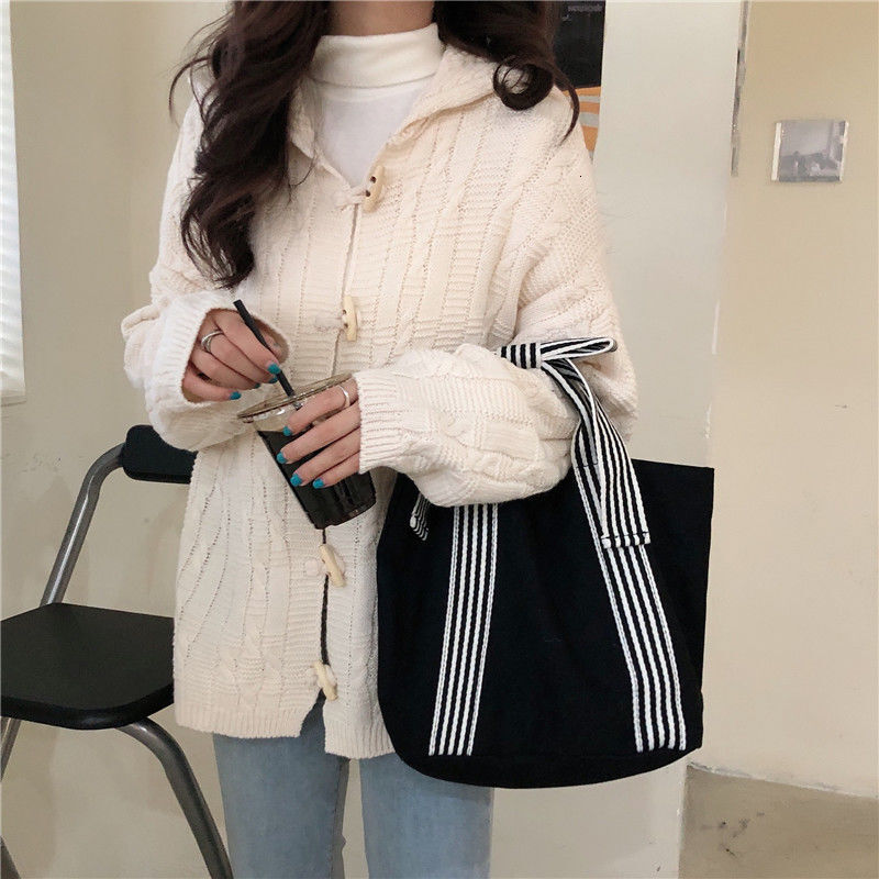 designer New Fashion Versatile Trendy Striped Bow Canvas Bag Retro Canvas Korean Style Women's Handbag Dark Style Tote Bag