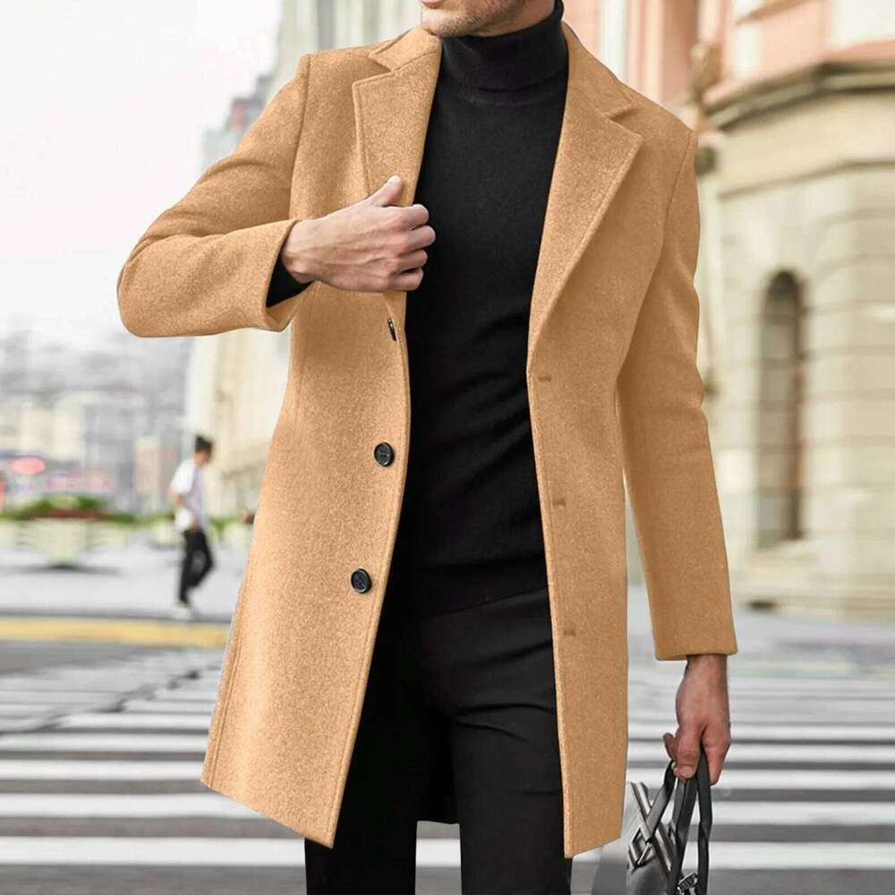 Men's Wool-Polyester Blend Casual Trench Coat for Everyday Wear