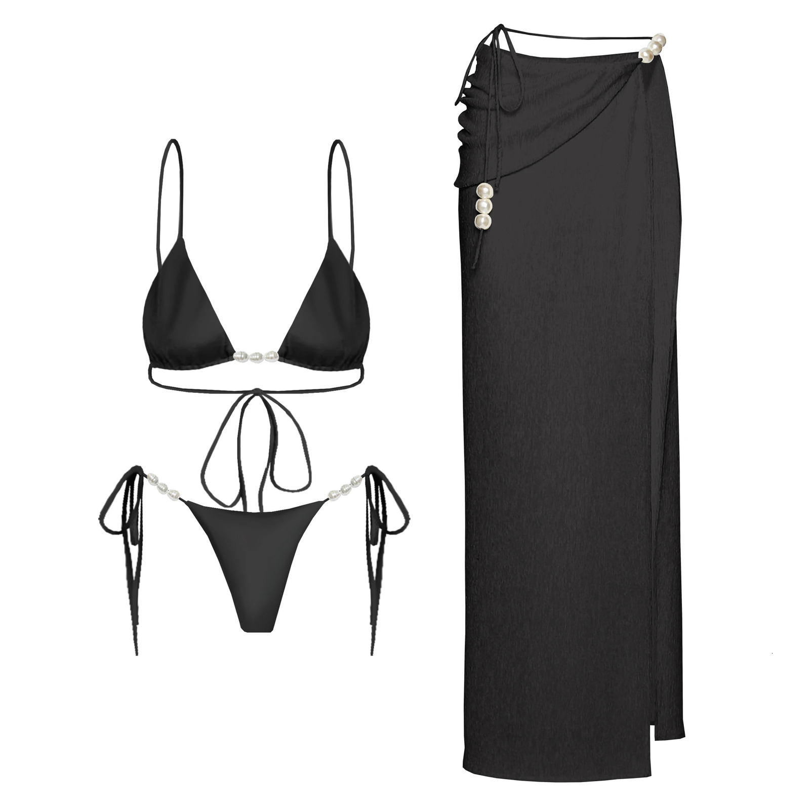 3Pcs Sexy Bikini Set With Cover Up Pearls White Swimsuit Women Halter Swimwear Female Off Shoulder Bathingsuit Biquini Beachwear 250527