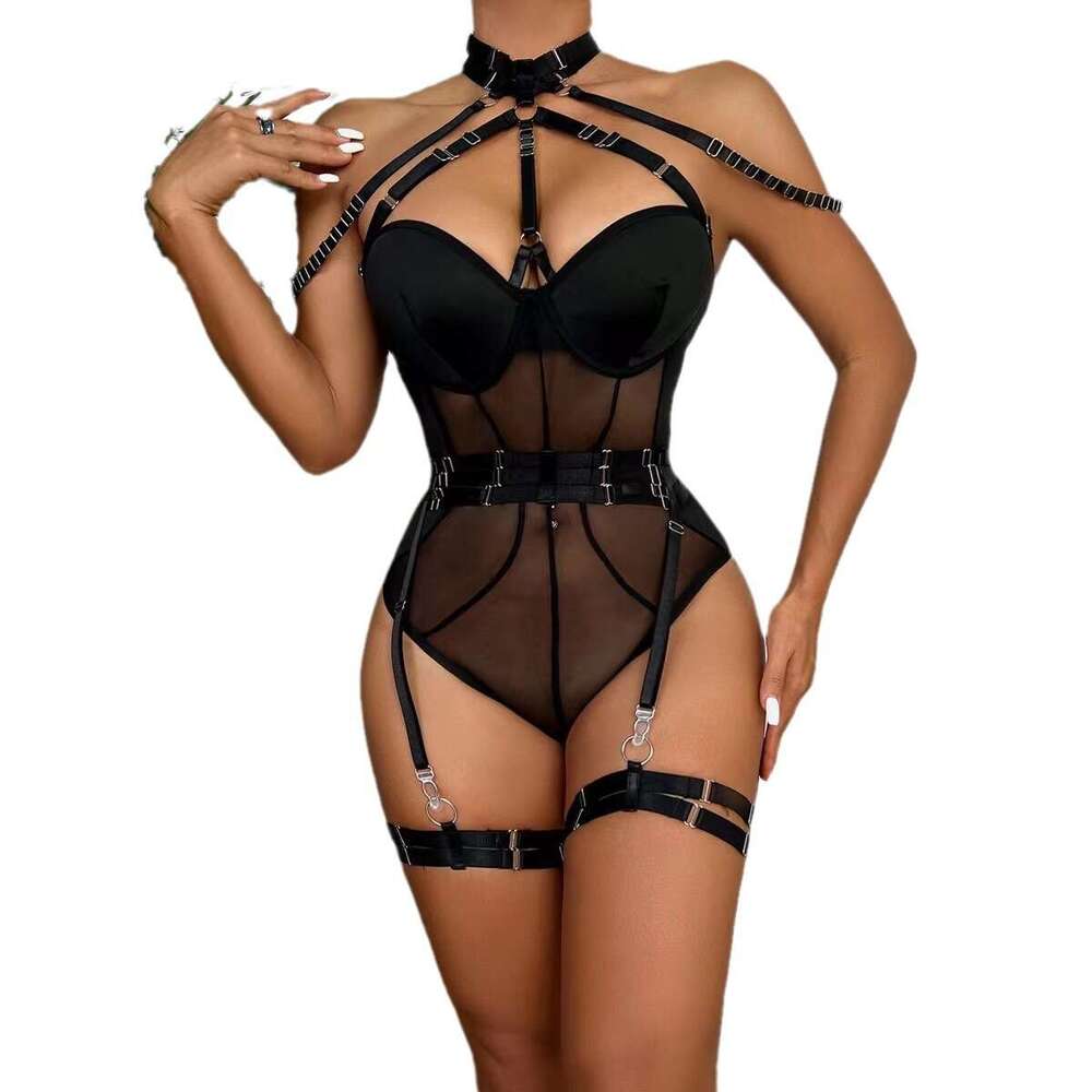 Spell Lingerie Porn Suits INS Style Sexy Mesh See Through Cross Strap Halter Neck Leg Ring Erotic Tight Bodysuit Sexy Lingerie