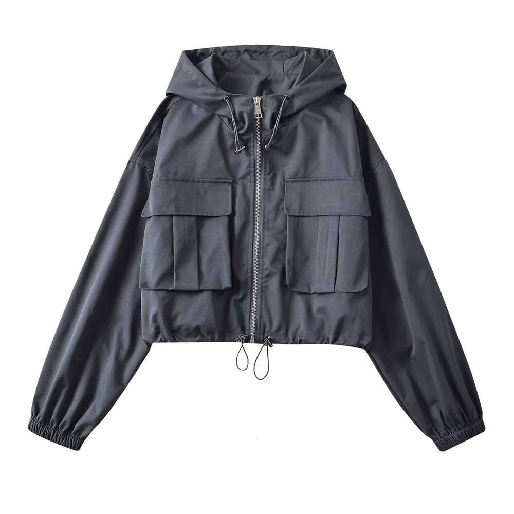 Techwear White Hooded Cargo Cropped Windbreaker Jackets Buttons Up Coat Women Outdoor Pink Black Top Korean
