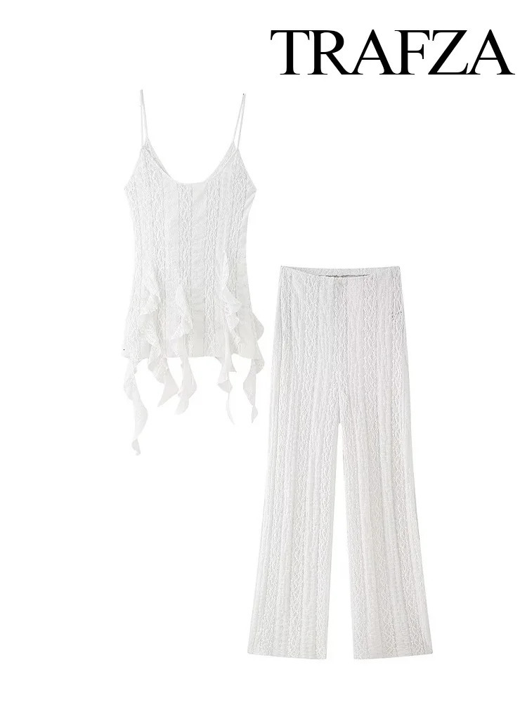 TRAFZA Summer Women Fashion Sleeveless Pants Suit Hem Pointed Embellishment Lace Texture Solid TopChic High Waist Long Pant 250527