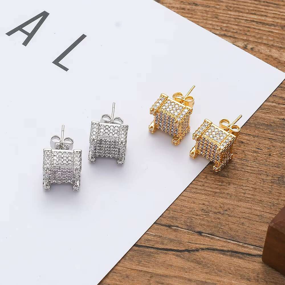 E004 Gold Plated Hip Hop CZ Stud Earrings Brass Setting Charm Style for Anniversary Occasions