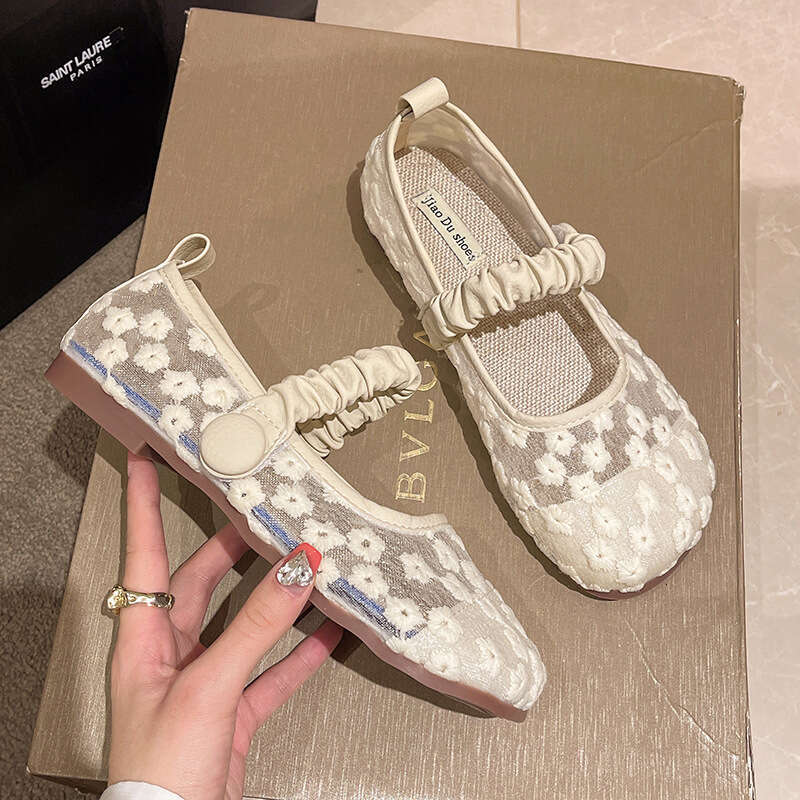 Beige Floral Ballet Flat Semi-Transparent Women's Shoes 2024 New Spring Autumn Slip-On Soft Sole Loafers