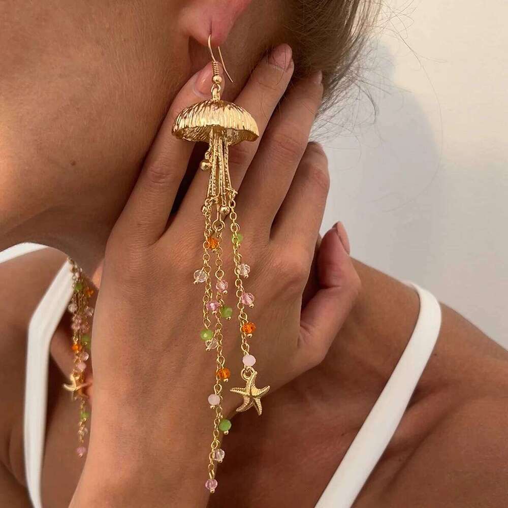 Ingemark Boho Starfish Jellyfish Imitation Pearls Crystal Long Tassels Women Trendy Piercing Drop Earrings Y2k Jewelry