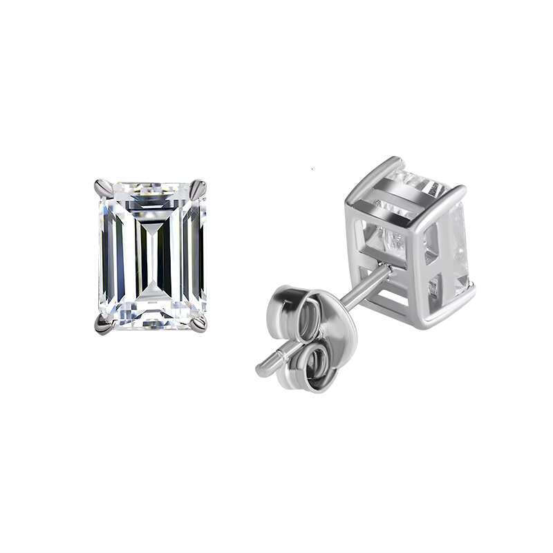 S925 Sterling Silver Emerald Cut Cubic De Rhodium-Plated VVS Moissanite Diamond Stud Earrings for Women/Men Princess Cut