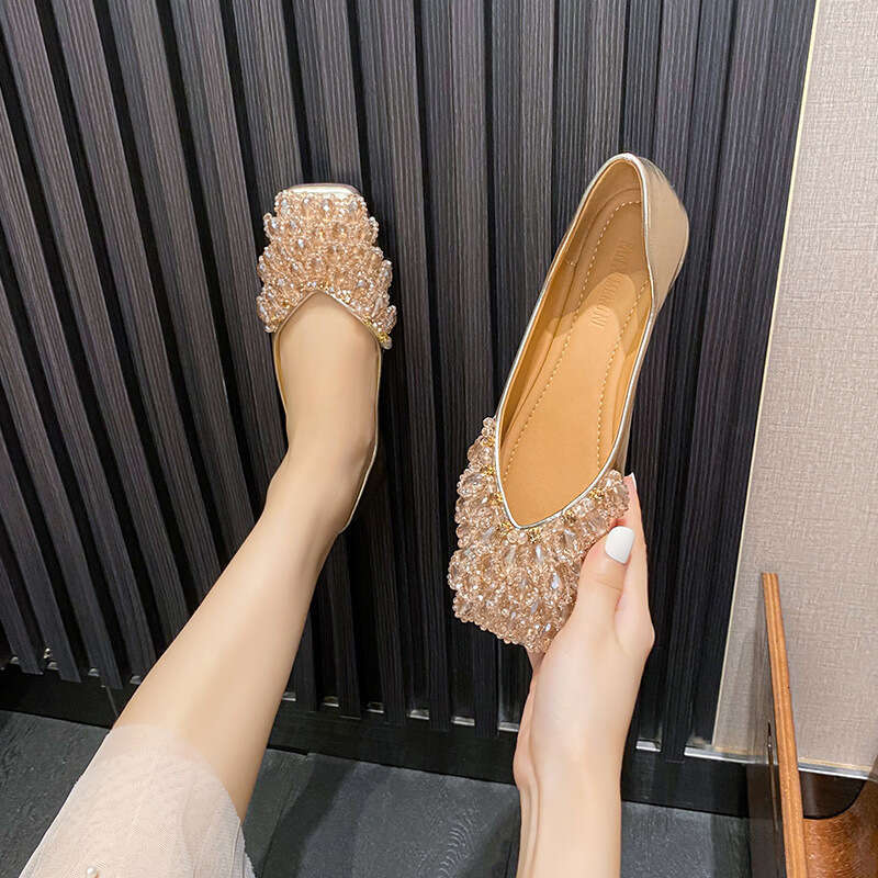 Soft Sole Loafers 2023 New Spring Crystal Wedding Flat Rhinestone Moccasins Large Size Women's Shoes 41 to 43