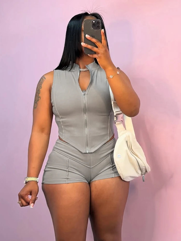 kliou Casual Summer Women Shorts Set Solid Active Irregular Zip-up Tank TopsStretch Bottoms Mujer Basic Matching Street 2 Piece 250527