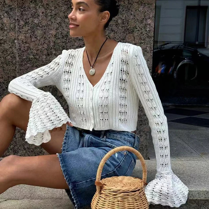 TARUXY Hollow Knitted Cardigan Womens Solid Long Sleeve V Neck Short Sweater Top Summer 2025 Female Crochet Casual Outwear 250530