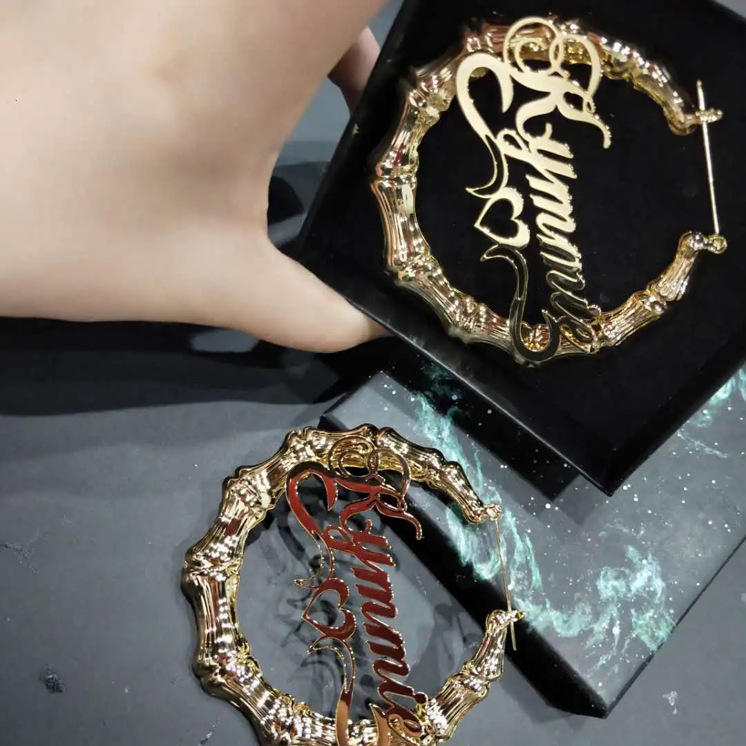 Stainless Custom Bamboo Earrings Heart Hoop Personalized Name Earrings Personalized Jewelry Letter Earrings for Women MOM Gift 250529