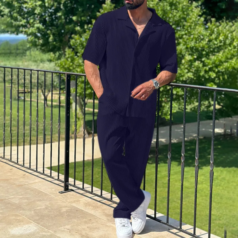 Summer Fashion Casual Loose Mens Button Open Shirt Short Sleeve Pants Set Home Vacation Thin Breathable Quick Drying 2pie 250529Z