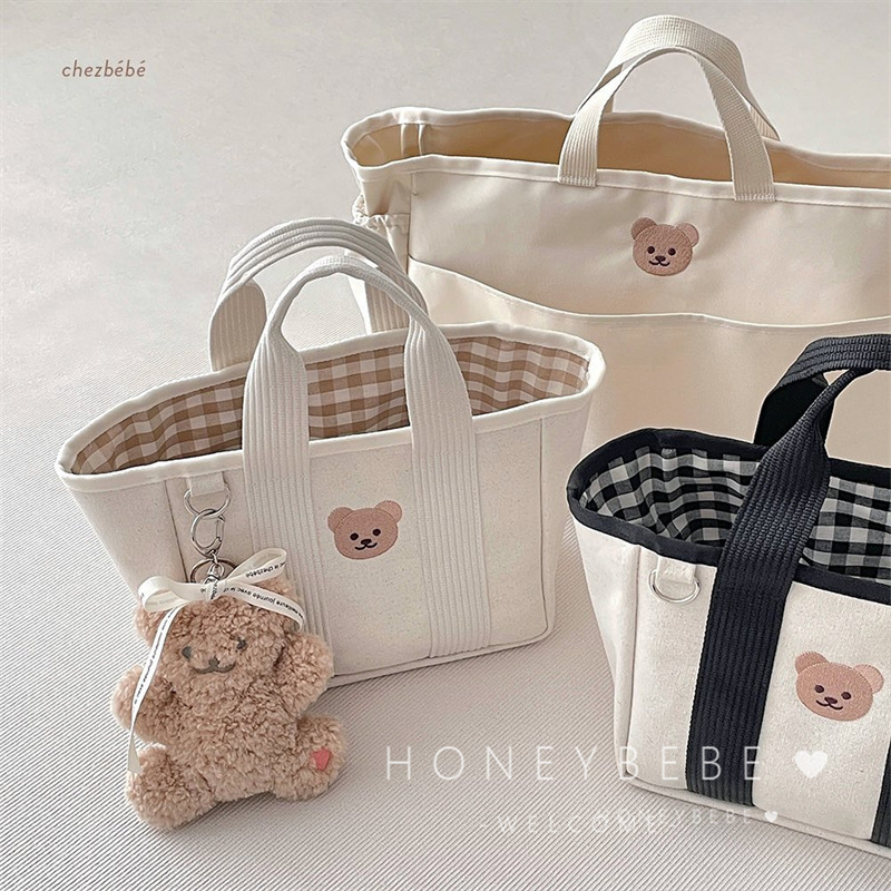 designer Korean INS Mommy Bag Cartoon Bear Mom Bag Canvas Lightweight Multifunctional Handheld Baby Stroller Mom and Baby Bag
