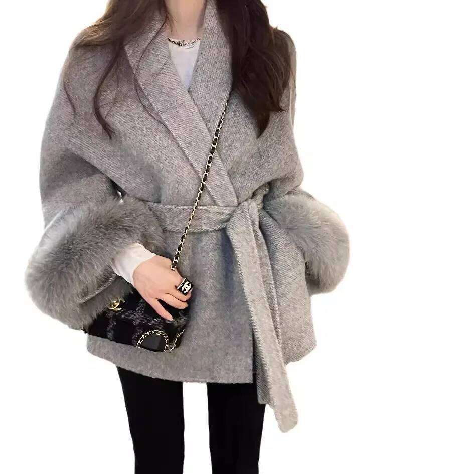 Womens kanai Double Face Wool Cashmere Coats - Premium Fox Fur Lined Collar & Detachable Sleeves