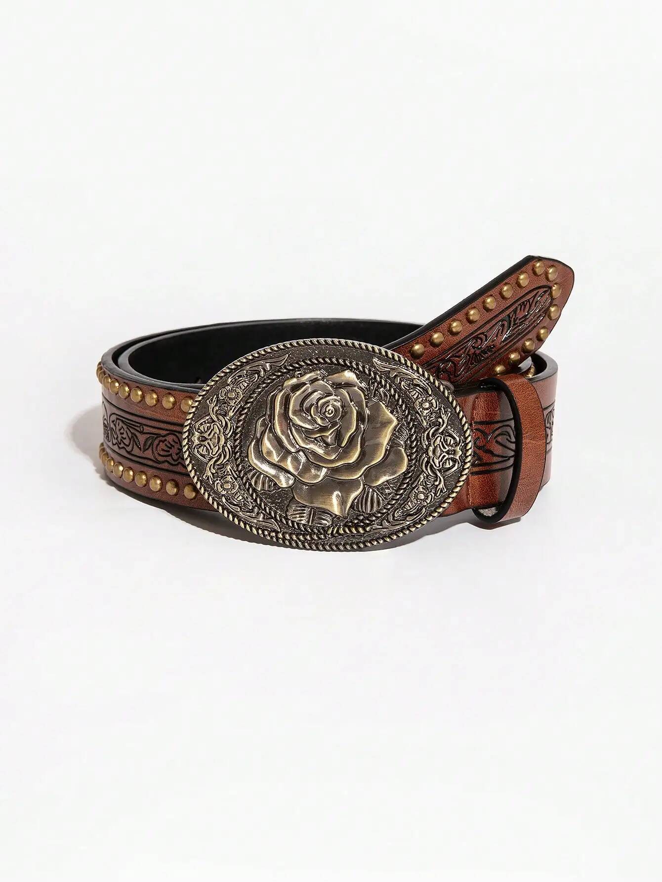 1pc men's vintage casual carved rose metal buckle color matching flower emed rivet jeans accessories belt suitable for