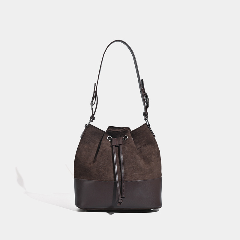 designer Korean Style Women's Niche Design Suede and Leather Handbag Bucket Bag Autumn Winter Retro New Fashion Patchwork Shoulder Bag