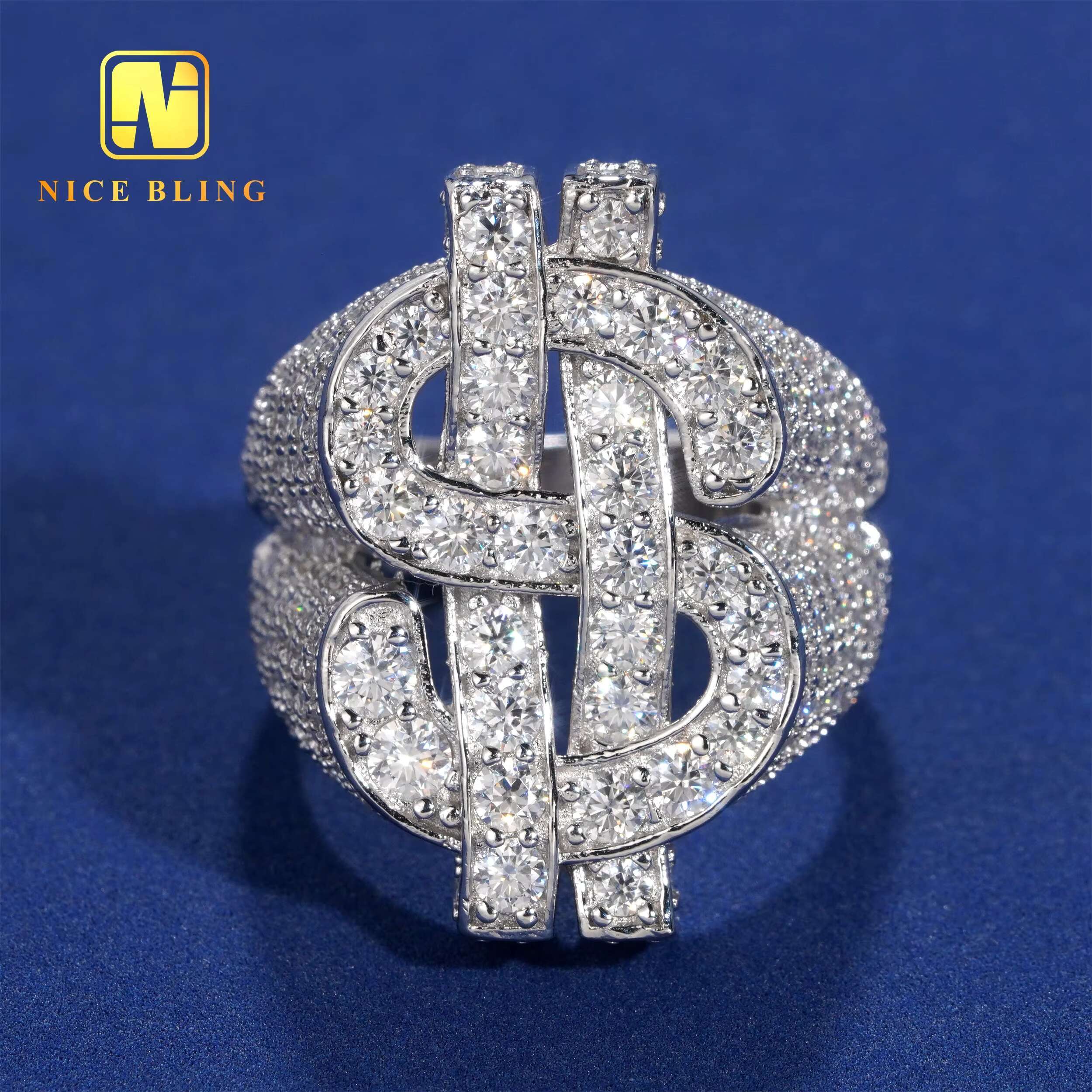 Rhodium Plated 925 Sterling Silver Jewelry Iced Out Dollar Rings Hip Round Brilliant Moissanite Rings for Men and Women