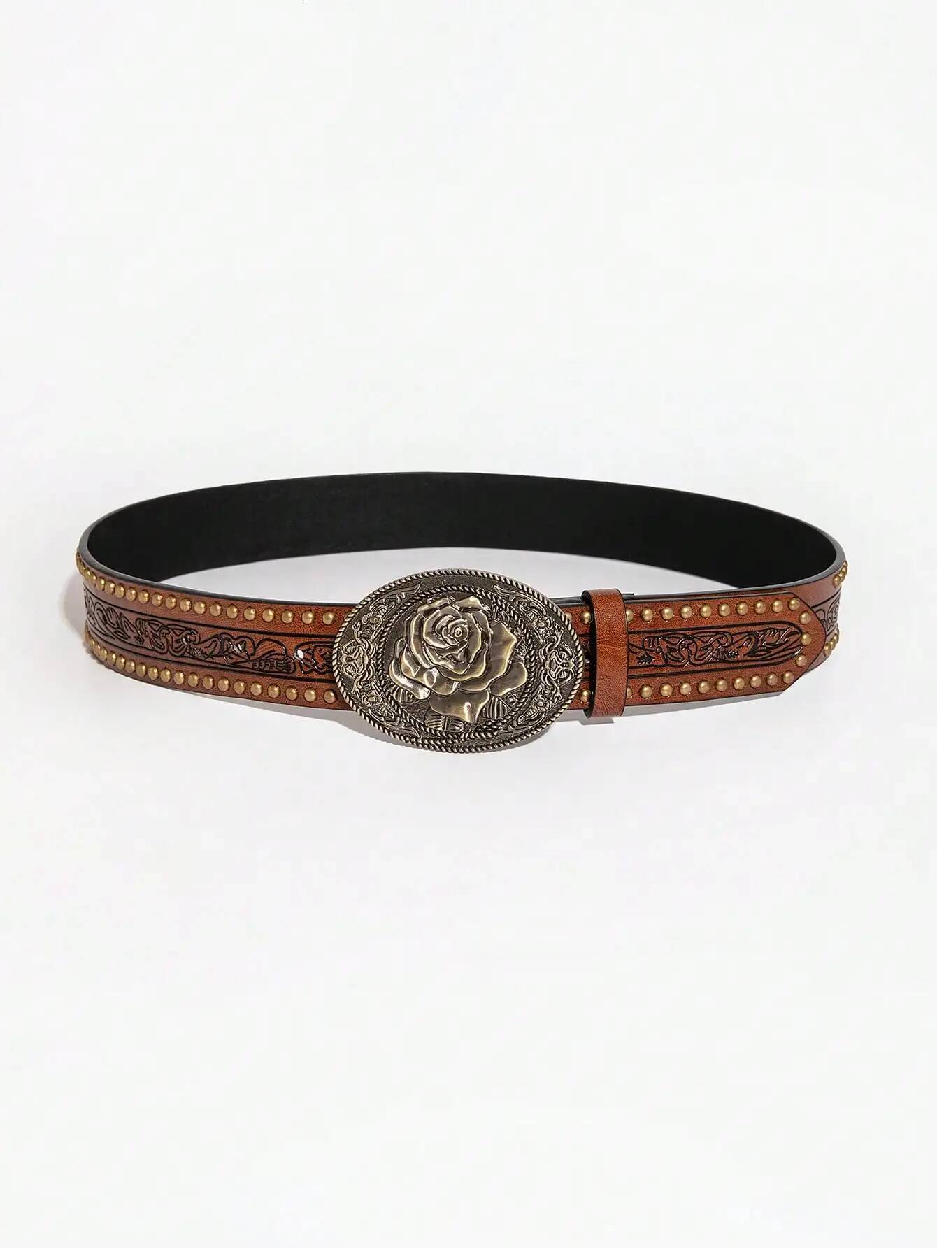 1pc men's vintage casual carved rose metal buckle color matching flower emed rivet jeans accessories belt suitable for