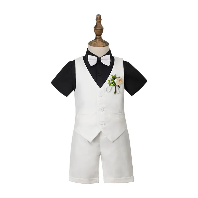 Children Summer Cool Green Pography Suit Kids Vest Shirt Shorts Bowtie Ceremony Costume Boys Breathable Slim Wedding Dress 250527a