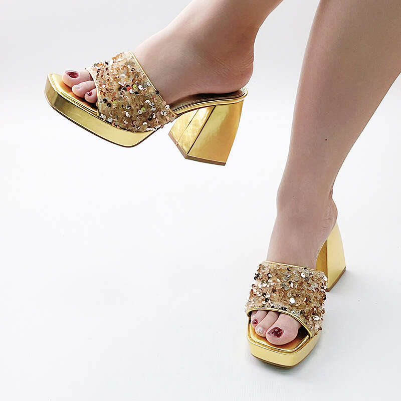 Super Slippers New Style Internet Celebrity Sequin Chunky Heel Elegant High-End Waterproof Platform Square Toe Extreme High Sandals for Women