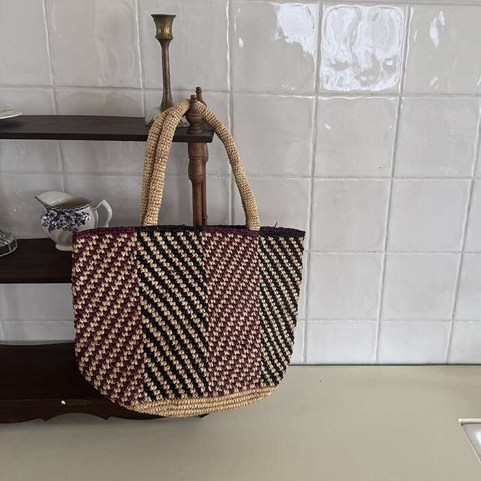 Straw Beach Tote Southern French Holiday Natural Raffia Handwoven Striped Tote Straw Beach Bag Crossbody Bag