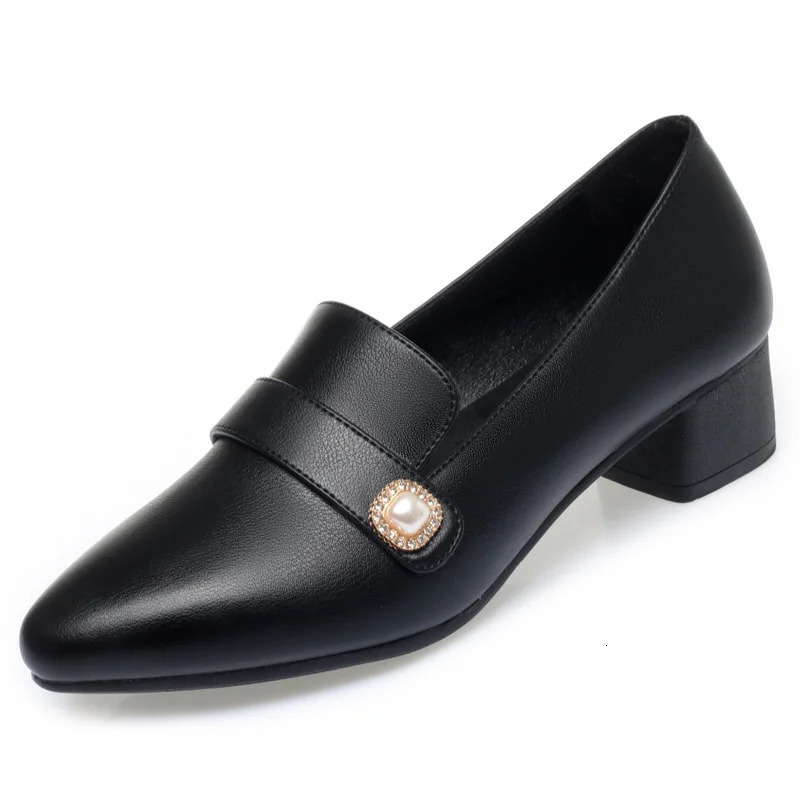 Comfort Women Pumps Point Toe Block Heels Concise Pearl Slip-On Mules Summer Soft Leather Soft Sole Casual Shoes 250528